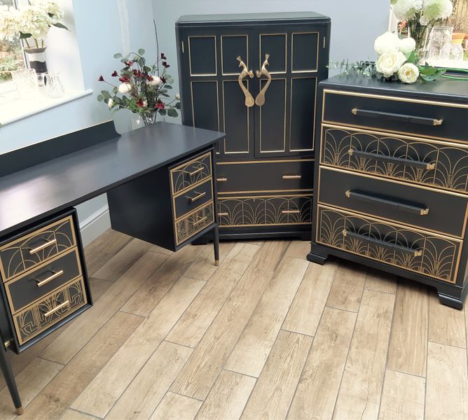 Suite of art deco office furniture painted in Fusion Mineral Ash with gold