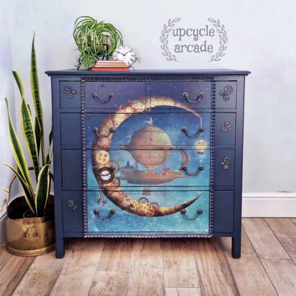 Steampunk chest of drawers, decoupage, WoodUBend, Fusion Mineral Midnight Blue