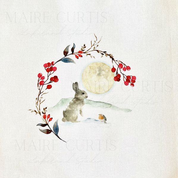 Winter moon berry wreath embroidery panel from Maire Curtis Lakeland Studio