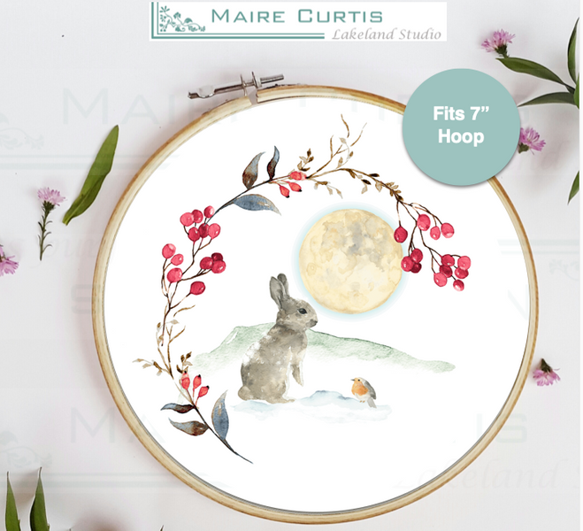 Winter moon Bunny and Wreath printed cotton panel for embroidery or quilting