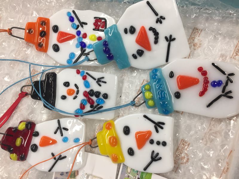 Fused glass snowmen decorations 