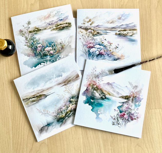 Watercolour print Lakeside Flowers card set pack 4