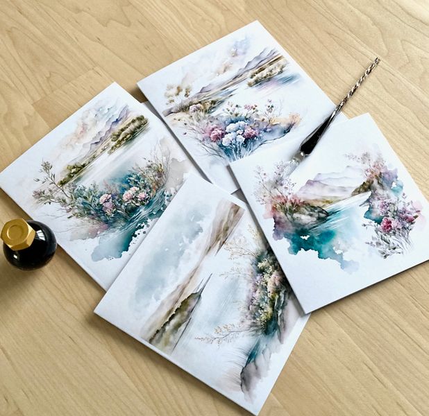 Watercolour print Lakeside Flowers card set pack 4
