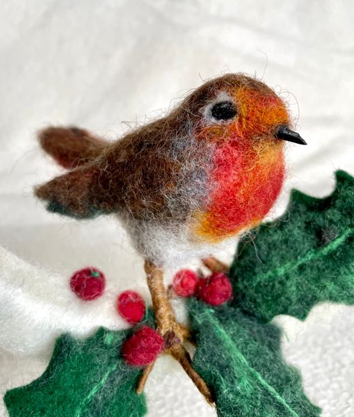 Needle felted Robin with Holly, close up