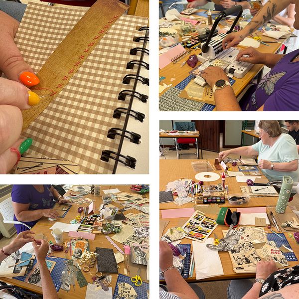 Previous students enjoying their junk journalling workshop