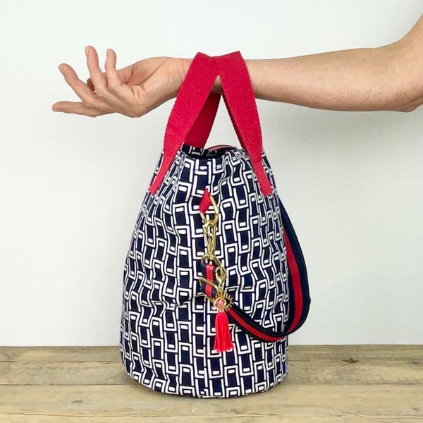 Sustainable handbag made from a vintage kimono with red tassel