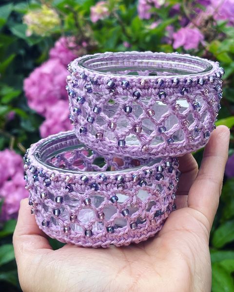 lilac cotton mesh beaded crochet tealight holder course