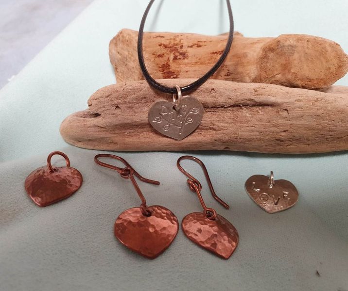 Personalised jewellery, hammered heart earrings and pendant