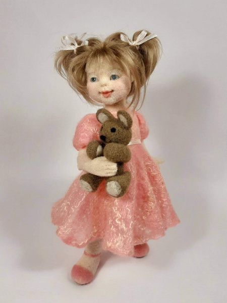 'Hope' ballerina needle felted doll and teddy bear with moveable limbs