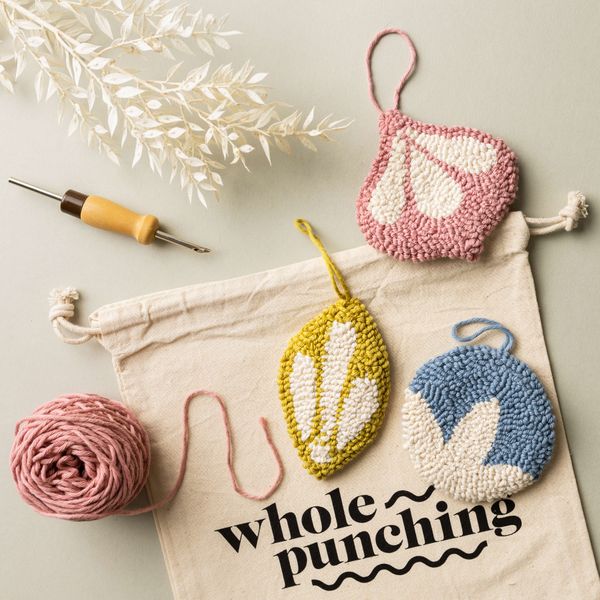 Punch needle baubles with punch needle and canvas drawstring bag
