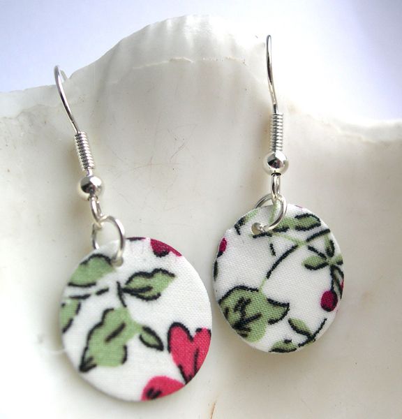 Silver Plated Ditsy Disc Hardened Fabric Drop Earrings 
