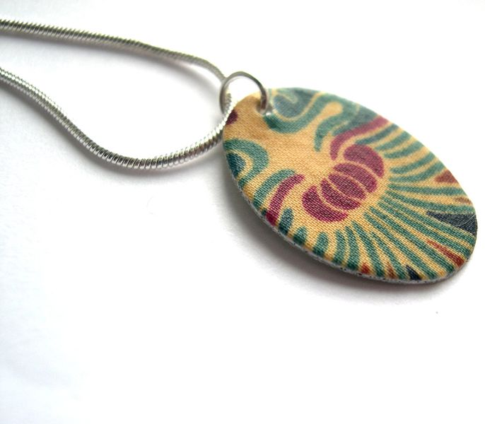 Silver Plated Hardened Fabric Oval Pendant with Lobster Clasp