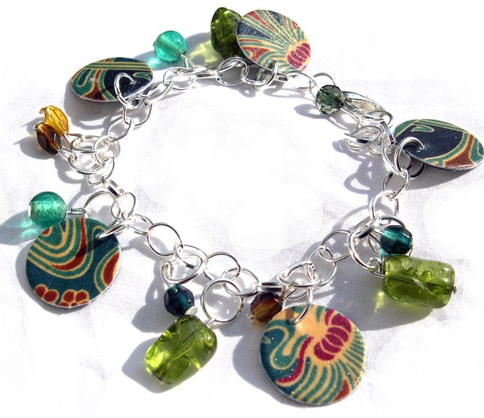 Silver Plated Hardened Fabric Disc Bracelet With Resin Beads