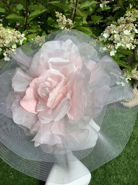 Silvery grey crinoline with pink organza flower