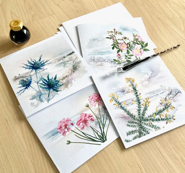 Set of four cards featuring British coastal flora