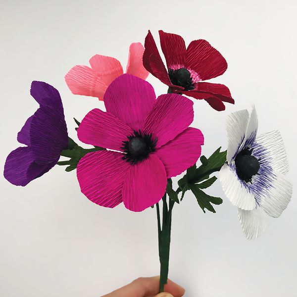 Bergin & Bath Paper flower kit - Anemone. A bunch of colourful crepe paper anemone flowers.
