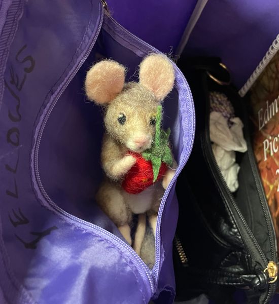 a newly created mouse tucked up in its maker's handbag, ready to  head to his new home!