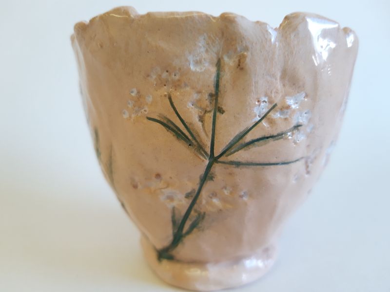 Pinch pot with nature imprint made with Geraldine Francis Ceramics@Fired Thoughts Studio Market Lavington 