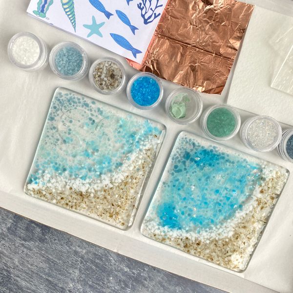 Fused glass kit - 2 coasters , Under the sea/beach shoreline