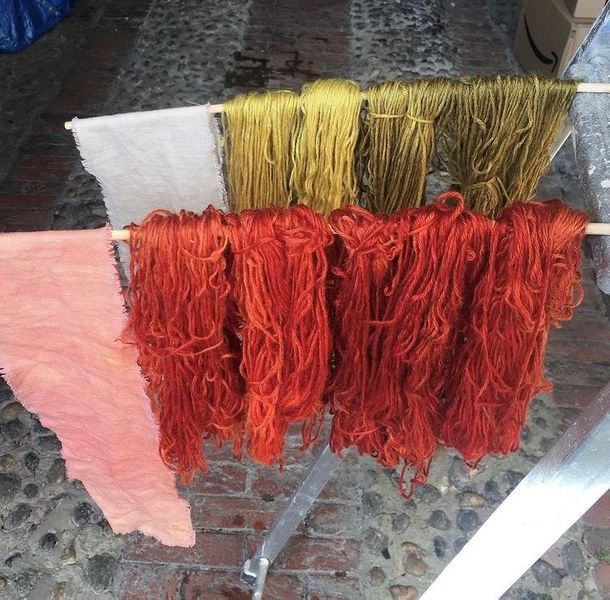 wool dyed, rinsed and drying