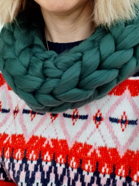 Arm Knitted Snood Scarf in Dark Green