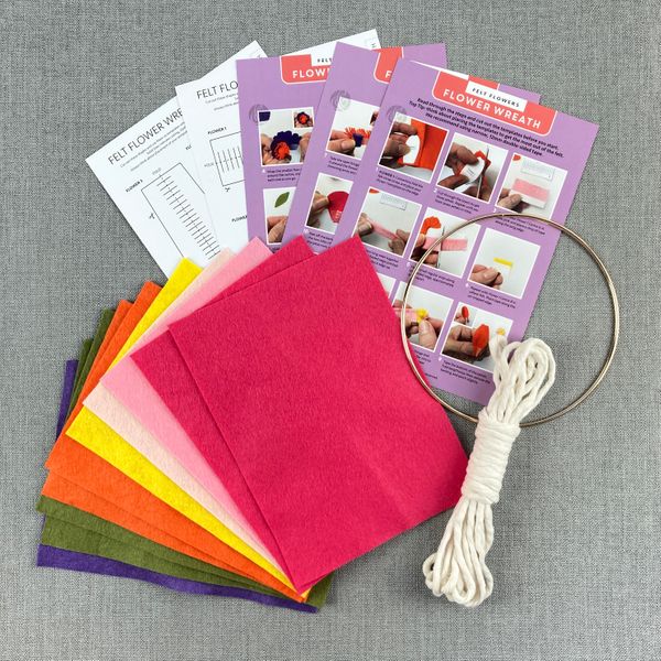 Beautifully soft wool mix felt sheets, recycled cotton macrame cord, flower templates and full photographic instructions.