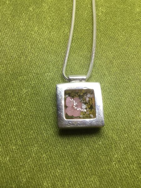 Beautiful square sterling silver pendant necklace set with pretty first real flowers
