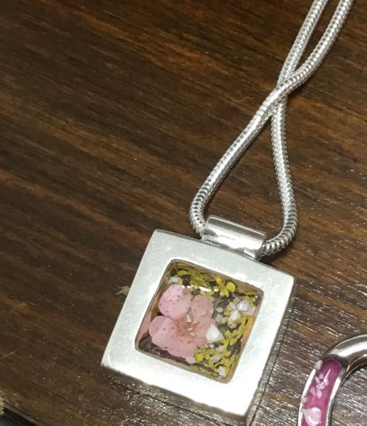Beautiful handmade square pendant set with pressed flowers