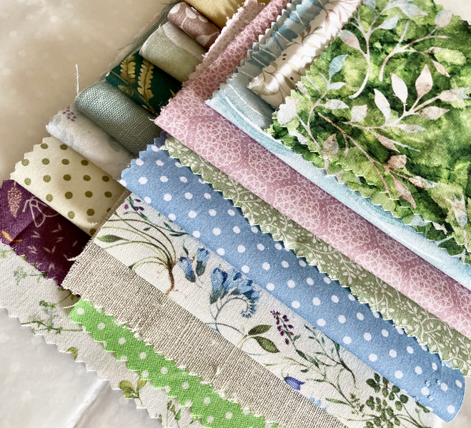 Irish Glens Slow stitch collection from Maire Curtis Lakeland Studio features beautiful muted greens, misty blues and dusky pink.