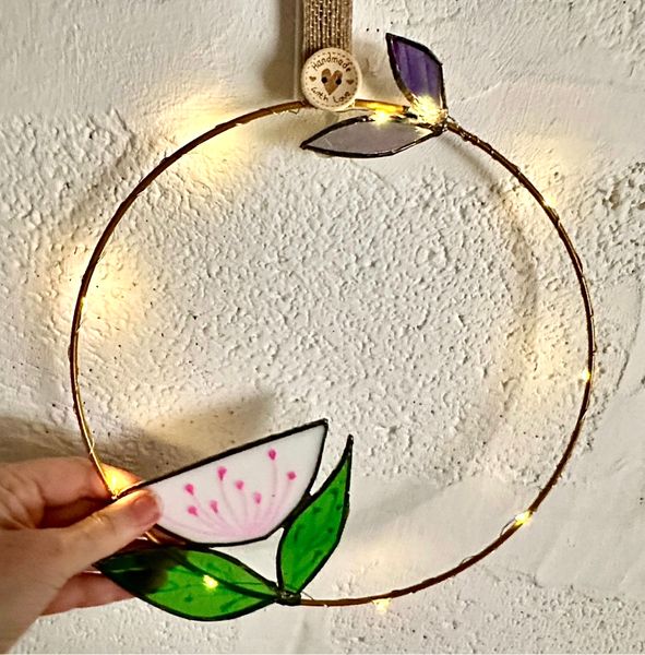 Floral hoop with lights - stained/copper/tiffany glass