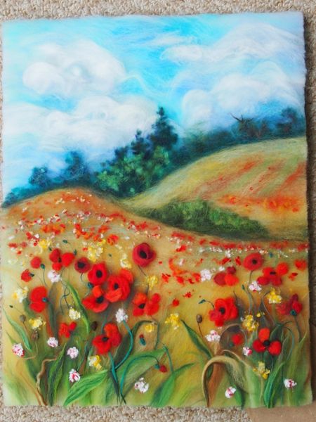 'Landscape with poppies' wool painting by artist Raya Brown