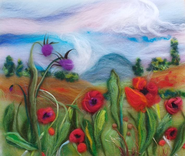 'Field with red poppies' wool painting created by complete beginner