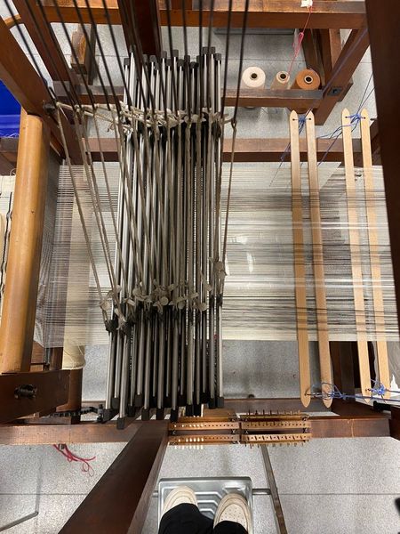 Overhead shot of a set up supplementary warp on a George Wood Dobby Loom.