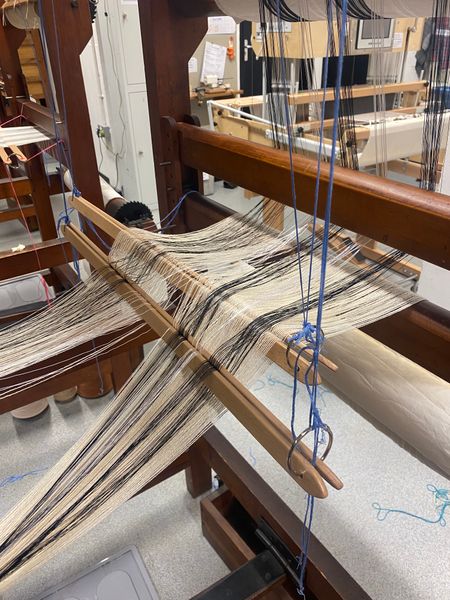Jennifer Anne Studios winding on a supplementary warp on a George Wood Dobby Floor Loom