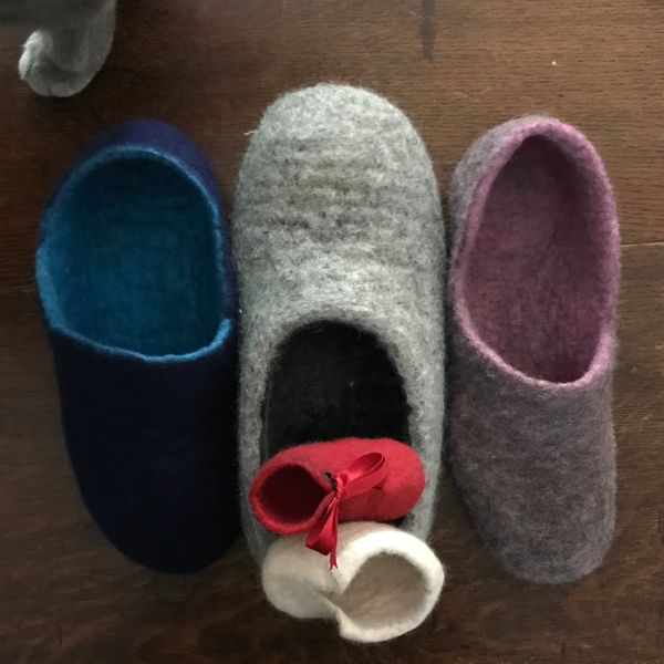 Example of 3D wet felting projects to move on to - Slippers large and small!