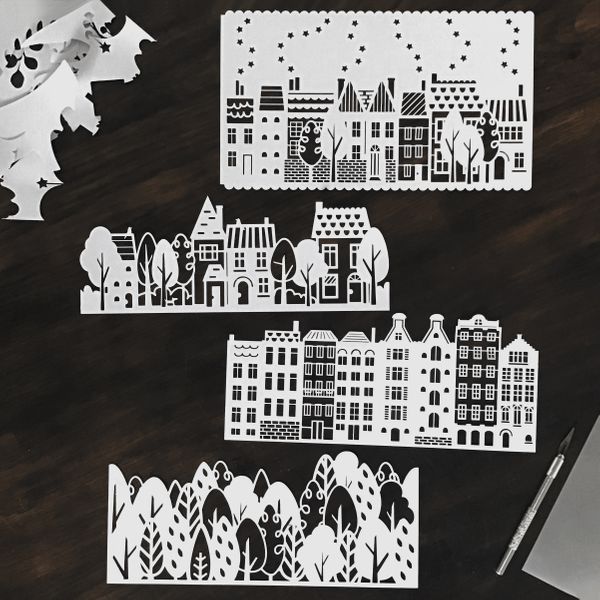 Trees, Houses & Flowers Papercutting Template Pack - Lantern Designs