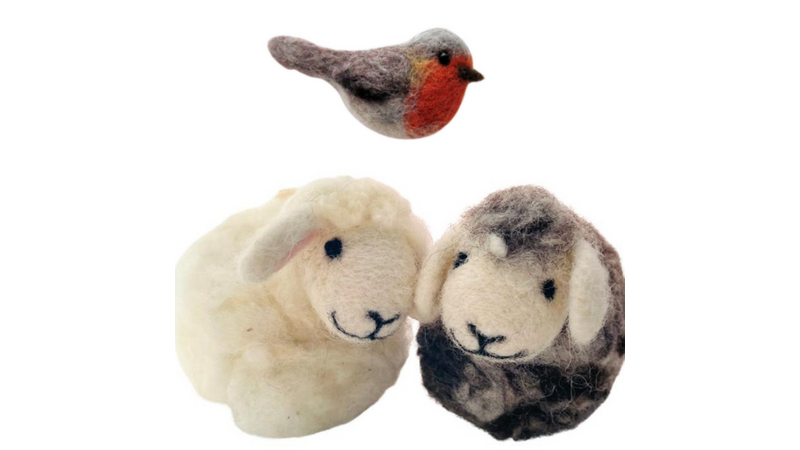 make a Wensleydale and Jacob sheep (one in the workshop and another at home) plus a needle felted robin that can be made into a brooch or as a hanging decoration