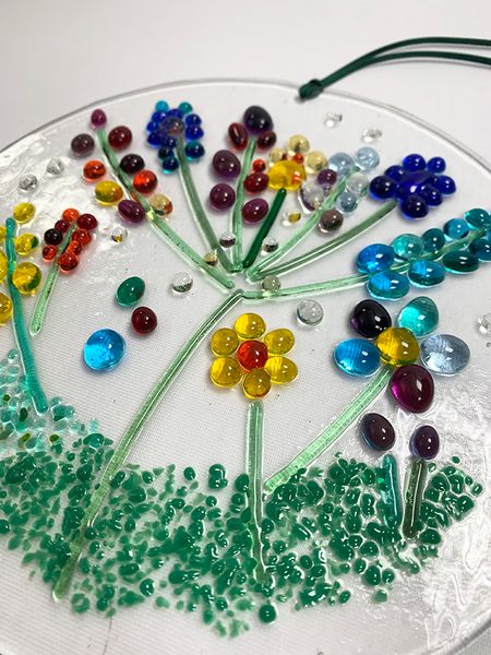 Fused Glass Flower Garden hanging. Previous student makes.