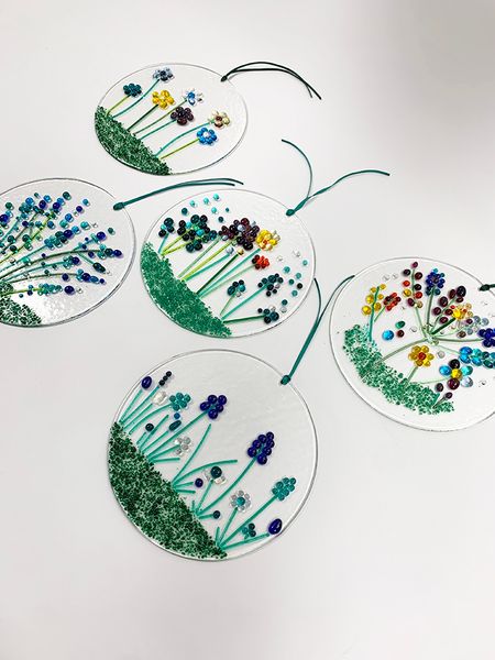 Fused Glass Flower Garden hangings. Previous student makes.