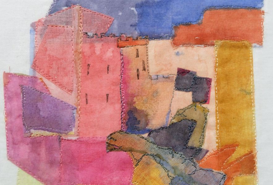 abstract Conwy Castle - water colour stitch and cotton organdie