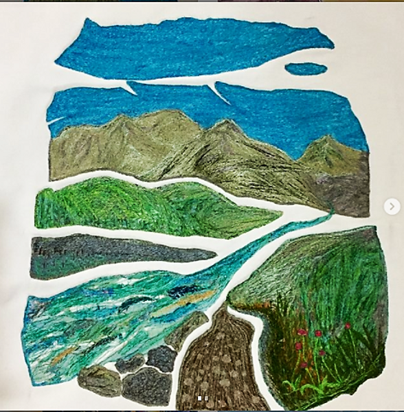 large densely embroidered art work of the Apennine mountains
 in Italy