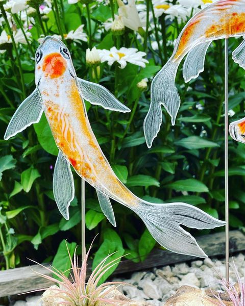 Unique wood and fused glass koi fish sculpture