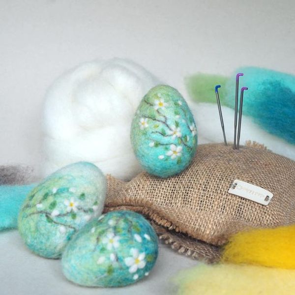Needle felted blossom egg workshop with hessian ECO felting pad available to purchase from our website