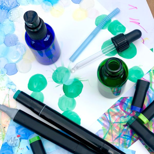 Alcohol ink markers, Yupo paper, bottles of alcohol