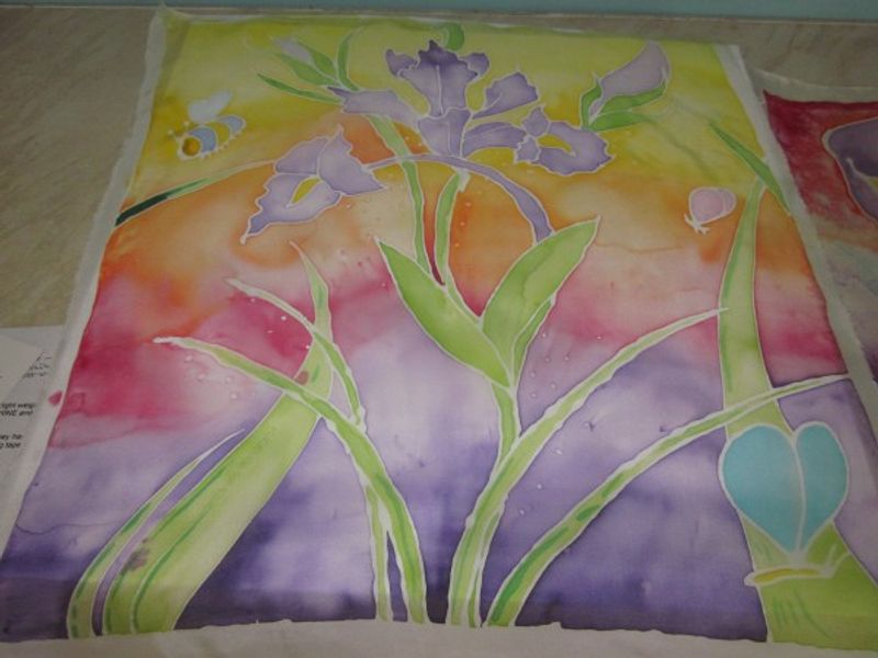 Laura's Lovely Iris painting on  her first Silk painting Workshop