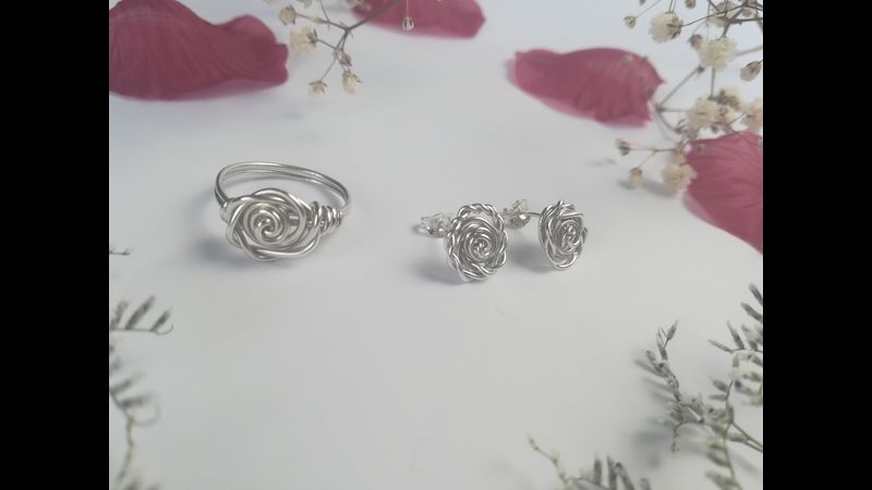 Silver Rose Earrings and Ring Examples