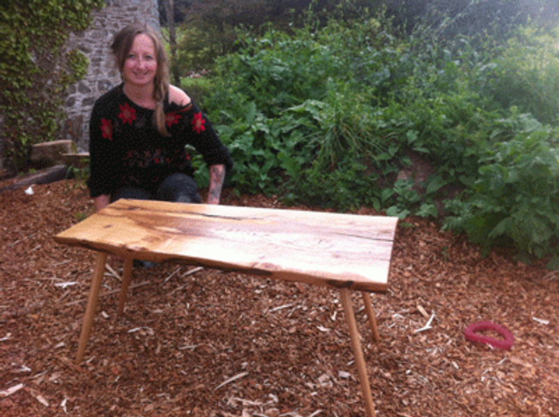 Kath with her tiger oak coffee table