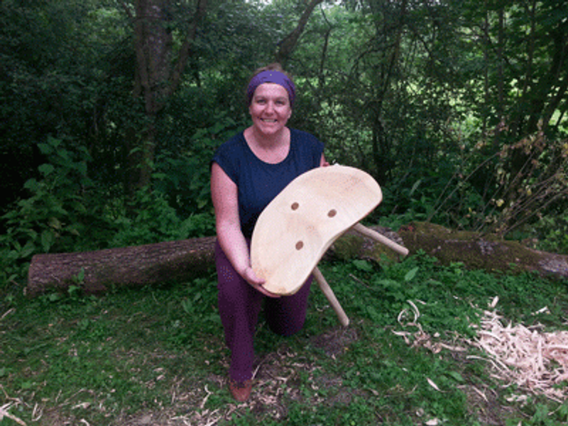 Lisa with a beautifully carved beech and chestnut stool