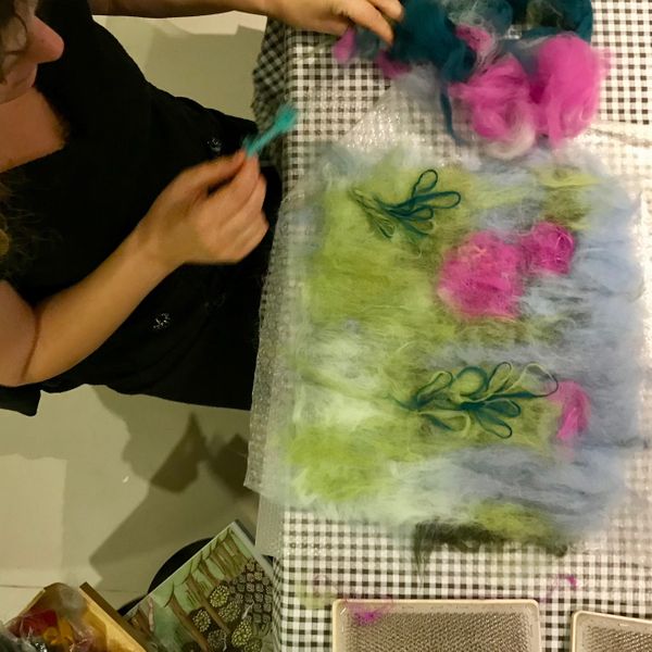 2D wet felted landscape - laying out the merino wool top fibres and sari silks