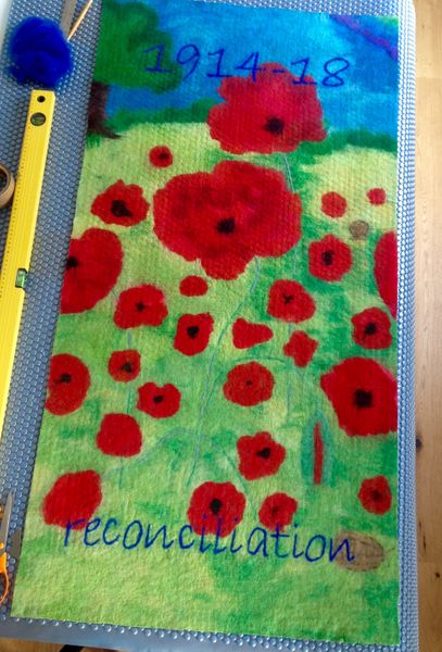 In process, panel of triptych made with pupils & staff of Haymerle School Peckham London commemorating 1st World War centenary